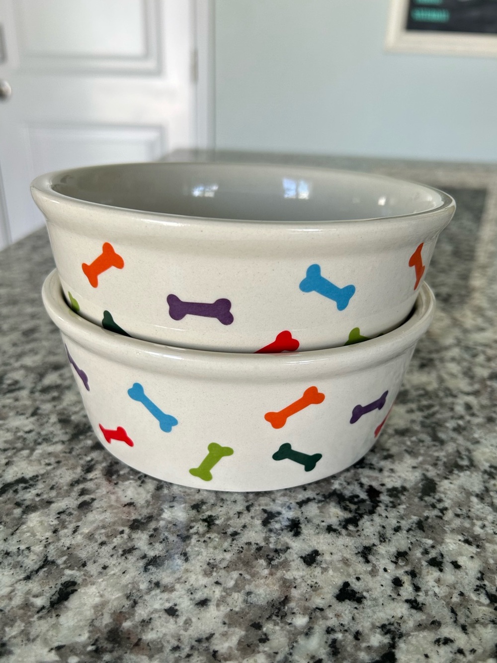 Fido’s Diner Multicolor Bone Pattern Ceramic Pet Bowls - Set of 2. NWOT